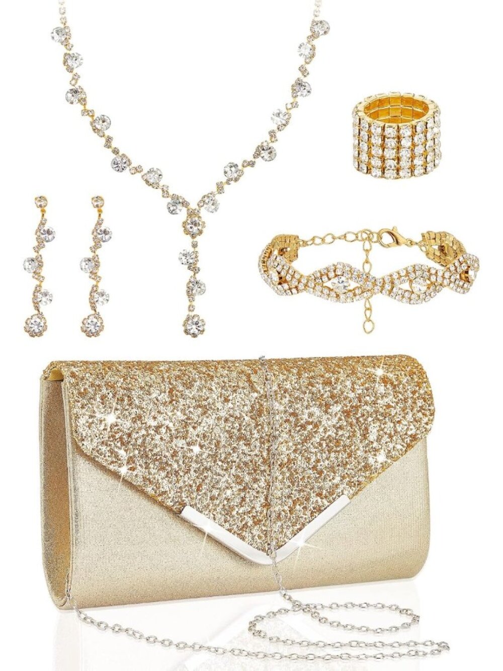 5-Piece Rhinestone Jewelry Set & Elegant Clutch Purse for Prom & Special Events